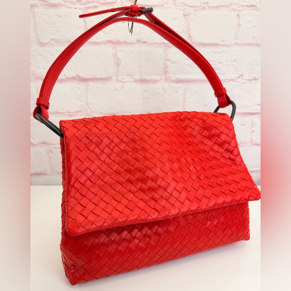 Bottega Veneta Intrecciato Leather Red Flap Shoulder Bag